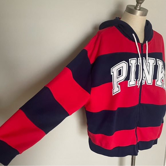 Pink Victoria’s Secret red and blue striped zip up hooded sweatshirt size M - Picture 2 of 5